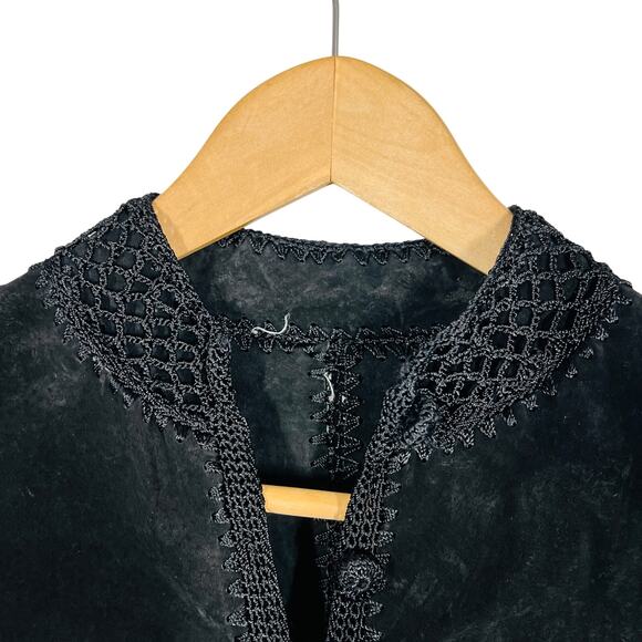 Vintage Suede Crochet Patchwork Jacket Shacket Black Knit Square Button Front S - Picture 3 of 12